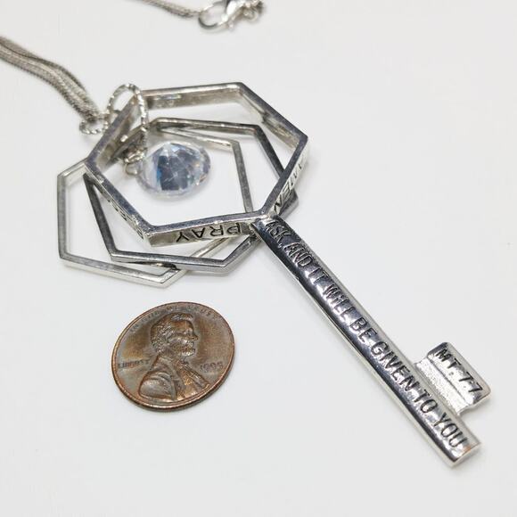 Key Necklace, Faith Pray Scripture KEY Long Silver Gray Chain, 30 Inches - Picture 13 of 14